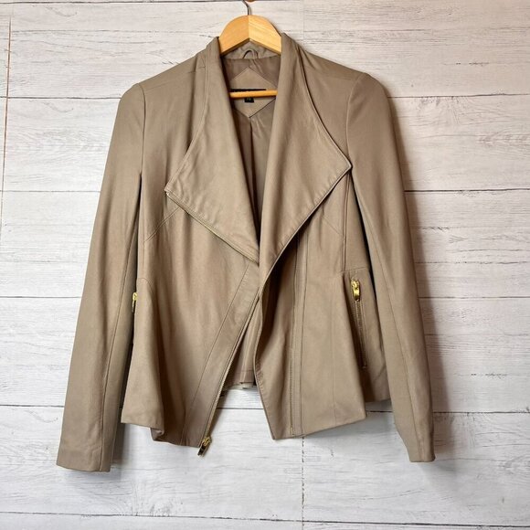 Via Spiga Jacket Womens Size PS Taupe 100% Genuine Lamb Leather Gold Zippers - Picture 1 of 15